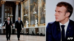 Una fotografía tomada el 15 de diciembre de 2021 muestra una pantalla de televisión que transmite el canal de televisión francés TF1 mientras el presidente francés Emmanuel Macron mira una imagen en que aparece con el presidente ruso Vladimir Putin. [Foto de Ludovic MARIN / AFP]