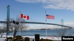 FILE - A view shows the Ambassador Bridge, linking Detroit and Windsor, as truckers and their supporters continue to protest against the coronavirus disease (COVID-19) vaccine mandates, in Windsor, Ontario, Canada, Feb. 9, 2022. 