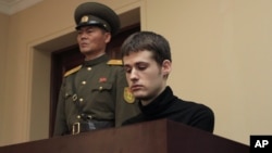 Matthew Miller, a U.S. citizen, sits on the dock at the Supreme Court during his trial in Pyongyang, North Korea, Sept. 14, 2014.