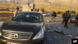 This photo released by the semi-official Fars News Agency shows the scene where Mohsen Fakhrizadeh was killed in Absard, a small city just east of the capital, Tehran, Iran, Nov. 27, 2020.