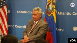 El presidente de Ecuador, Lenín Moreno, durante un evento celebrado en el centro de estudios Atlantic Council de Washington, el 13 de febrero de 2020. Foto: Alejandra Arredondo.