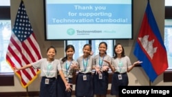 កុមារី​ខ្មែរ​ទាំង​៥​​រូប​ដែល​​បាន​បង្កើត​កម្មវិធី​ app ឈ្មោះ​ Cambodia Identity Product សម្រាប់​ លក់​ផលិតផល​ខ្មែរ​តាម​ទូរស័ព្ទ​ ​ដើម្បី​ចូល​ប្រកួត​កម្មវិធី Technovation Challenge 2017 ថត​នៅ​ក្នុង​ស្ថានទូត​សហរដ្ឋ​អាមេរិក​ក្នុង​រាជធានី​ភ្នំពេញ។ ពួក​គេ​​នឹង​​ចូល​រួម​ប្រកួត​វគ្គផ្តាច់​ព្រ័ត្រ ​ Technovation ​World Pitch Summit ​ពី​ថ្ងៃ​ទី​៧​ដល់​១១​ខែ​សីហា​​ នៅ​ទីស្នាក់ការ​កណ្ដាល​នៃ​មហា​ក្រុមហ៊ុន​ Google ក្នុង​ទី​ក្រុង Mountain View ស្ថិត​ចំ​កណ្ដាល​តំបន់​បច្ចេកវិទ្យា Silicon Valley សហរដ្ឋ​អាមេរិក។ (រូបថត​ផ្តល់​ឲ្យ​ដោយ USAID/Technovation Cambodia) 