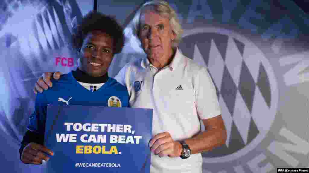 La Fifa lance la campagne "11 contre Ebola", mettant en vedette du Real Madrid Cristiano Ronaldo, Neymar Jr de Barcelone, Didier Drogba de Chelsea et du Bayern Munich Philipp Lahm, entre autres, avec la promotion de 11 messages simples de santé contre l’épidemie en Afrique de l’Ouest.
