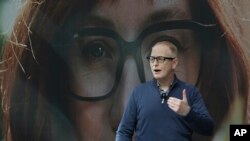 Dave Limp, senior vice president for Amazon devices & services, wears a pair of Echo Frames - eyewear enabled with the company's Alexa personal assistant technology, as he speaks Wednesday, Sept. 25, 2019, during an event in Seattle. The glasses are…