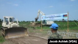 Un casque bleu près de Bor dans l'Etat de Jonglei, Soudan du Sud,