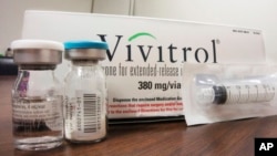 FILE - The packaging of Vivitrol at an addiction treatment center is seen in Joliet, Illinois, Oct. 19, 2016.