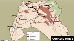 Peta wilayah kekuasaan ISIS per 15 Januari 2015 seperti dilaporkan Institute for the Study of War, sementara Organisasi Financial Action Task Force melaporkan sumber pendanaan ISIS akan berkurang jika ISIS tidak bisa mengembangkan wilayahnya.