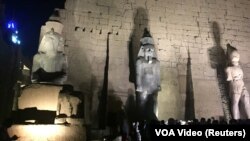 یکی از مجسمه‌های عظیم رامسس دوم (وسط) پس از اتمام مرمت، در جنوب قاهره، مصر ۲۰۱۷ (عکس تزئینی)
