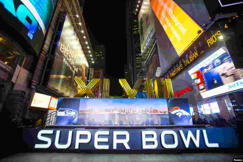 The numerals for the the game are seen at an opening ceremony for 'Super Bowl Boulevard' along Broadway as preparations continue for Super Bowl XLVIII in New York, Jan. 29, 2014.