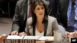 FILE- Then-United States Ambassador to the United Nations Nikki Haley speaks during a Security Council meeting at U.N. headquarters in New York, Nov. 26, 2018.