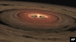 This artist's concept shows a brown dwarf surrounded by a swirling disk of planet-building dust. NASA's Spitzer Space Telescope spotted such a disk around a surprisingly low-mass brown dwarf, or "failed star." Astronomers believe that this unusual system
