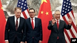 資料照片：美國貿易代表萊特希澤、美國財政部長努欽、中國副總理劉鶴