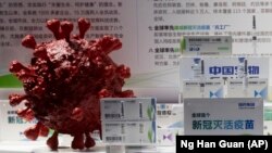 Sampel vaksin COVID-19 yang diproduksi oleh anak perusahaan Sinopharm CNBG ditampilkan selama pameran dagang di Beijing pada 6 September 2020. (Foto: AP/Ng Han Guan)