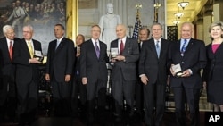U.S. astronauts Armstrong, Glenn and Aldrin receive the Congressional Gold Medal in Washington, Nov. 16, 2011.
