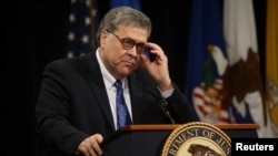 FILE - U.S. Attorney General William Barr speaks at the Justice Department in Washington, May 9, 2019. 