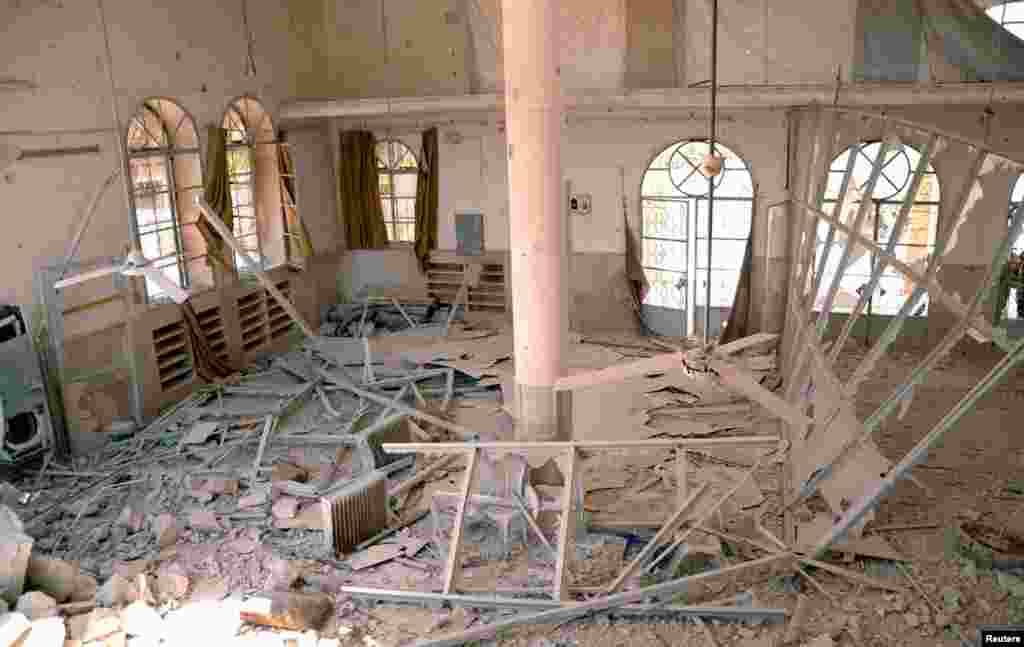 The inside of a damaged mosque in Dahra Abd Rabbo village, Aleppo, May 27, 2013.