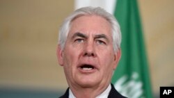 Secretary of State Rex Tillerson addresses the media after his meeting with Saudi Foreign Minister Adel Al-Jubeir at the State Department in Washington, March 23, 2017.
