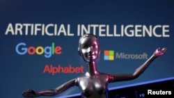 ARCHIVO: Imagen compuesta con los logos de Google, Microsoft y Alphabet, y el letrero de inteligencia artificial.