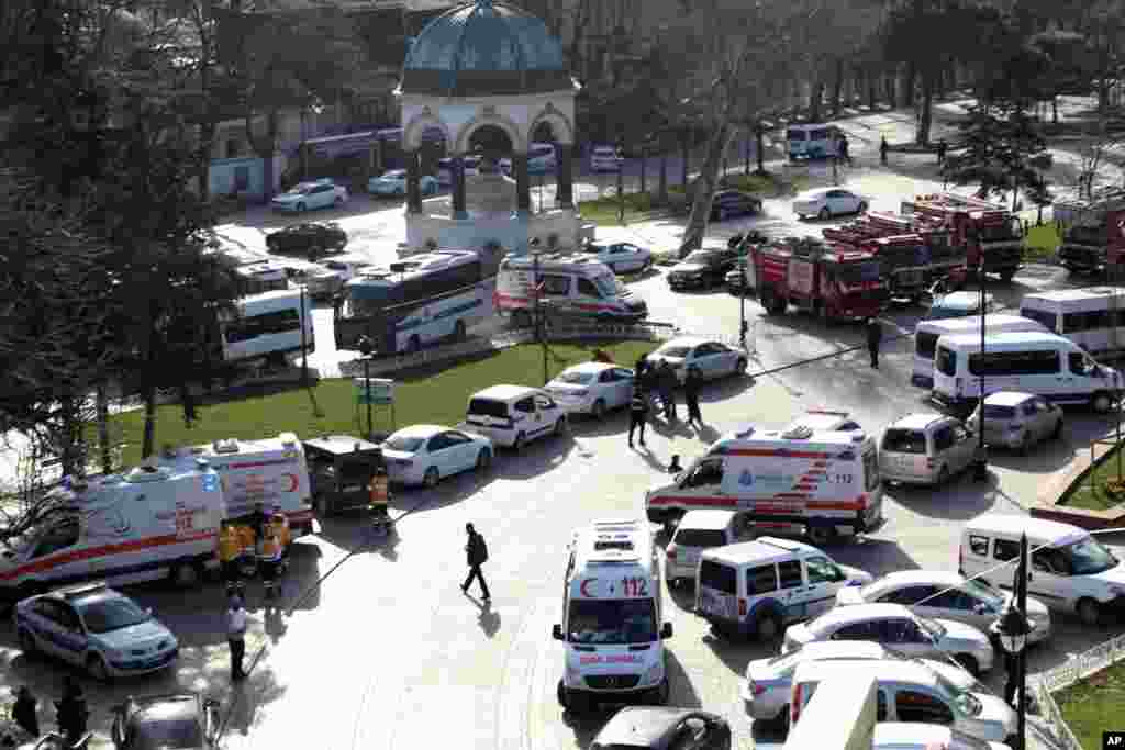 Ambulances and firefighters stationed near the city's landmark Sultan Ahmed Mosque or Blue Mosque after an explosion at Istanbul's historic Sultanahmet district, Jan. 12, 2016.