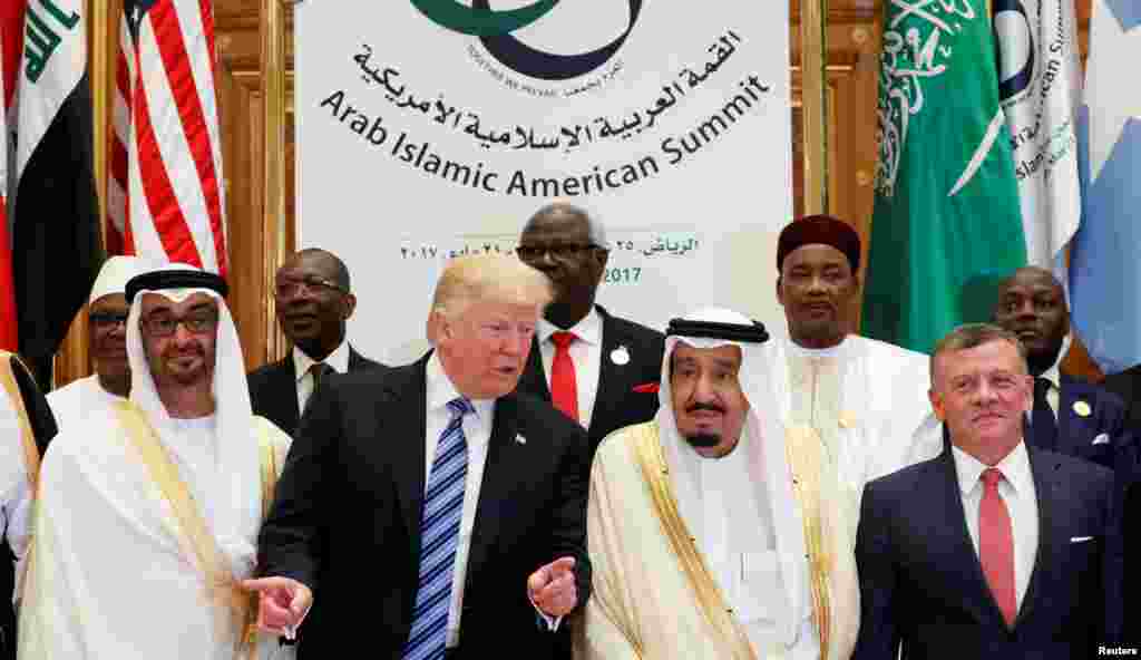 (Front R-L) Jordan's King Abdullah II, Saudi Arabia's King Salman bin Abdulaziz Al-Saud, President Trump, and Abu Dhabi Crown Prince Sheikh Mohammed bin Zayed al-Nahyan pose for a photo during Arab-Islamic-American Summit in Riyadh, May 21, 2017.