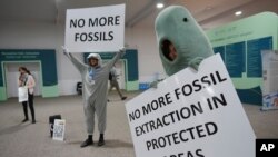 Una persona disfrazada sostiene un cartel en inglés que dice "no más extracción de fósiles en áreas protegidas" en la Cumbre Climática de la ONU COP29, el 20 de noviembre de 2024, en Bakú, Azerbaiyán. 