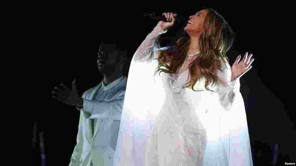 Beyonce performs "Take My Hand" during the 57th annual Grammy Awards in Los Angeles, California, Feb. 8, 2015.