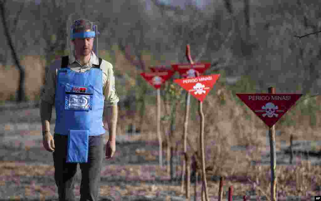 Britain's Prince Harry walks through a minefield in Dirico, Angola, during a visit to see the work of landmine clearance charity the Halo Trust, on day five of the royal tour of Africa.