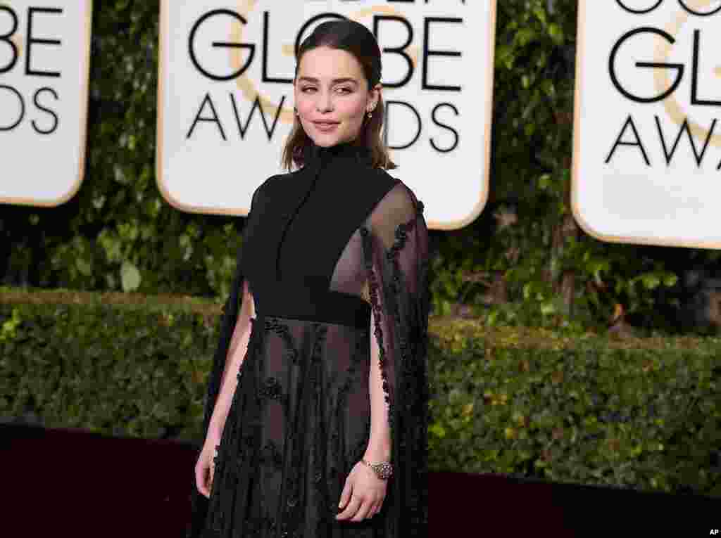 Emilia Clarke arrives at the 73rd annual Golden Globe Awards on Jan. 10, 2016, at the Beverly Hilton Hotel in Beverly Hills, Calif.
