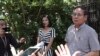 Pheng Heng, right, lawyer to former Cambodia National Rescue Party's President Kem Sokha, speaks to media in front of Kem Sokha's house in Phnom Penh, Cambodia, Nov. 10, 2019.