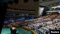 Imagen de la sala principal de la sede de las Naciones Unidas en Nueva York durante la intervención del canciller ruso, Sergéi Lavrov, en la 78 Asamblea General de la ONU, el 23 de septiembre de 2023.