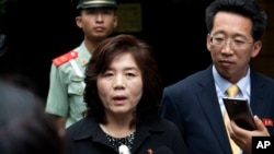FILE - Choe Son Hui, deputy director general of the Department of US Affairs of North Korea Foreign Ministry, briefs journalists outside the North Korean embassy in Beijing, China, June 23, 2016. 