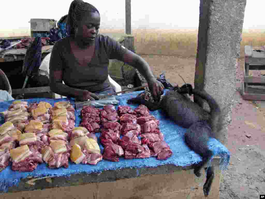 Une commerçante a sur son étalage du sanglier, de l’antilope, et du singe qu’elle vent dans un marché du Gabon, photo prise en décembre 2007.