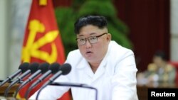 朝鲜领导人金正恩在朝鲜劳动党第七届中央委员会第五次全体会议上讲话。（朝中社于2019年12月29日发布）