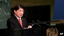 El Ministro de Relaciones Exteriores de Nicaragua, Denis Ronaldo Moncada Colindres, se dirige al 77º período de sesiones de la Asamblea General de las Naciones Unidas, el lunes 26 de septiembre de 2022, en la sede de la ONU. (Foto AP/Julia Nikhinson)