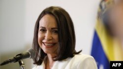 María Corina Machado duranre su acto de proclamación como candidata presidencial de la oposición para las elecciones de 2024.