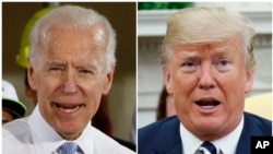 Dans cette combinaison de photos, l'ancien vice-président Joe Biden parle à Collier, en Pennsylvanie, le 6 mars 2018, et le président Donald Trump parle dans le bureau ovale de la Maison Blanche à Washington, le 20 mars 2018. (AP Photo/archives)