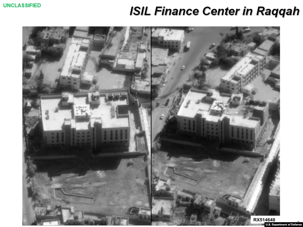 Press briefing slide - Before (on the left) and after airstrike on ISIL Finance Center by coalition forces, Raqqah, Syria, Sept. 23, 2014, (U.S. Central Command Center)