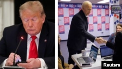 En imágenes de archivo: A la izquierda, el presidente Donald Trump. A la derecha, el virtual candidato demócrata, Joe Biden, visitando un centro de voluntarios en Iowa.