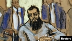Sayfullo Saipov, tersangka dalam serangan truk New York, terlihat dalam sketsa ruang sidang ini yang muncul di ruang sidang federal Manhattan di sebuah kursi roda di New York, 1 November 2017.