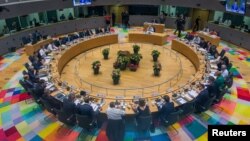 Para pemimpin Uni Eropa dalam pertemuan puncak Uni Eropa di Brussels, 28 Juni 2018.