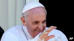 FILE - Pope Francis is pictured at the Agostino Gemelli Polyclinic in Rome, July 11, 2021, for the traditional Sunday blessing and Angelus prayer. 