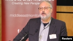 FILE - Saudi dissident Jamal Khashoggi speaks at an event hosted by Middle East Monitor in London, Sept. 29, 2018.