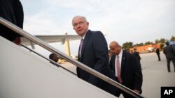 Attorney General Jeff Sessions boards his plane at Andrews Air Force Base, Maryland, July 27, 2017. Sessions is traveling to El Salvador to meet with local leaders and discuss their efforts to fight gangs like MS-13.