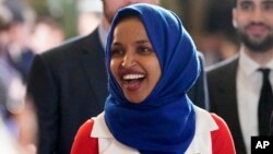 FILE - Rep. Ilhan Omar, D-Minn., arrives for President Donald Trump's State of the Union address to a joint session of Congress on Capitol Hill in Washington, Feb. 5, 2019.
