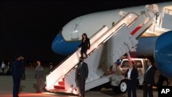 La vicepresidente Kamala Harris al regresar a Washington tras su viaje a Guatemala y México, el 9 de junio de 2021.