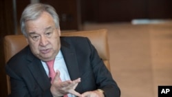 FILE - United Nations Secretary-General Antonio Guterres speaks during an interview at United Nations headquarters on May 7, 2019. 