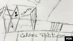 Esbozo rápido de la celda en la que permanecieron detenidos poselectorales en Venezuela, realizado por una excarcelada.