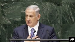 نخست وزیر اسرائیل هنگام سخنرانی در شصت و نهمین نشست مجمع عمومی سازمان ملل - نیویورک، هفتم مهر