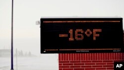 Moorhead, Minnesota elementary school electronic sign shows to temperature on Jan. 29, 2019. Daytime temperatures in the Fargo-Moorhead area were near -20F as frigid weather grips the area. 