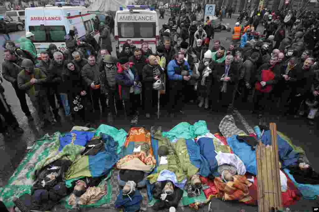 Meydana həlak olan insanların cəsədləri - Kiyev, 20 fevral, 2014